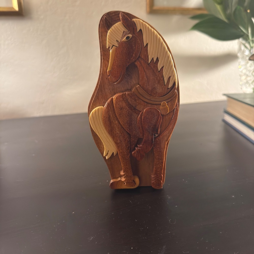 Hand Carved‎ Wooden Horse Puzzle Box Secret Compartment Trinket Jewelry Stash